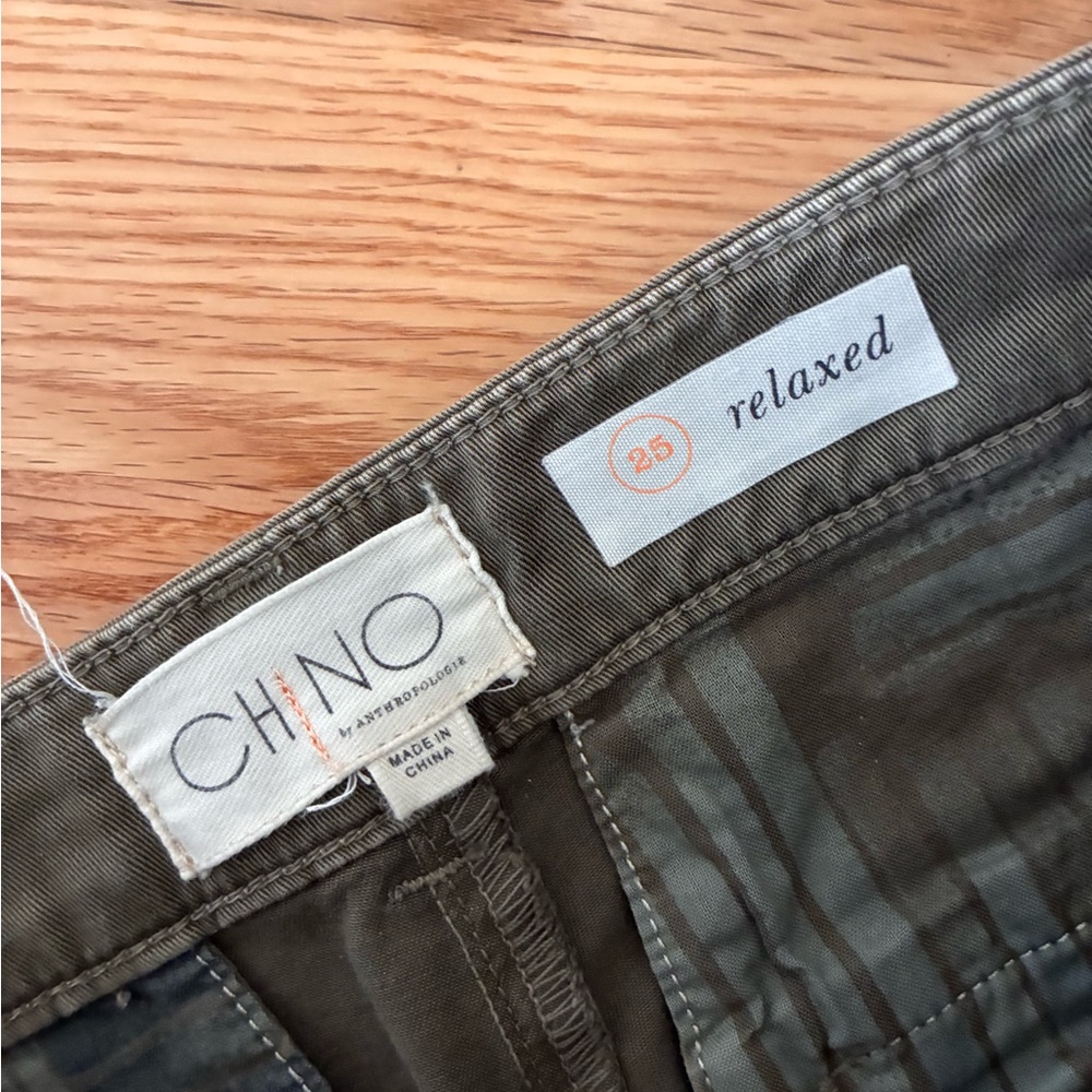 Anthropologie Stylish Olive Green‎ Pants with green velvet Stripe - Picture 4 of 7